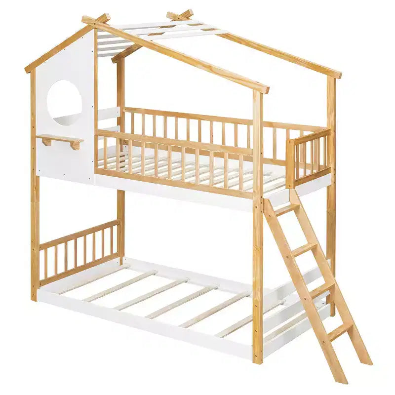 Letto a Castello Gemello su Gemello Whisen con Tetto, Design a Casetta, Scala Sicura e Ringhiere - Naturale