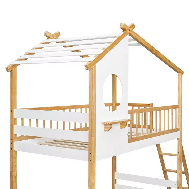 Letto a Castello Gemello su Gemello Whisen con Tetto, Design a Casetta, Scala Sicura e Ringhiere - Naturale
