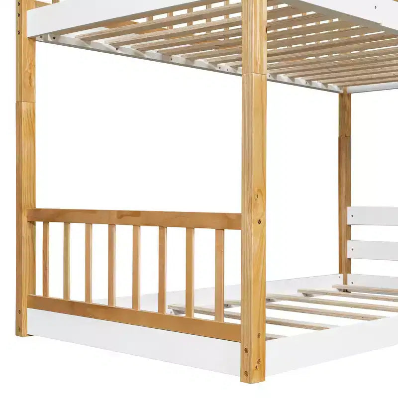 Letto a Castello Gemello su Gemello Whisen con Tetto, Design a Casetta, Scala Sicura e Ringhiere - Naturale
