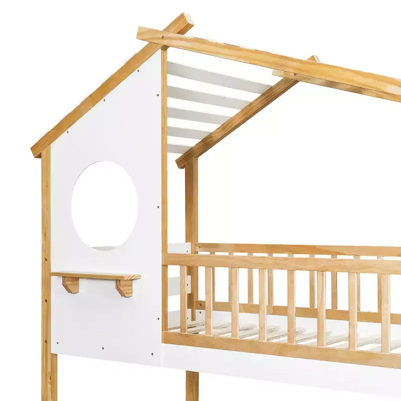 Letto a Castello Gemello su Gemello Whisen con Tetto, Design a Casetta, Scala Sicura e Ringhiere - Naturale