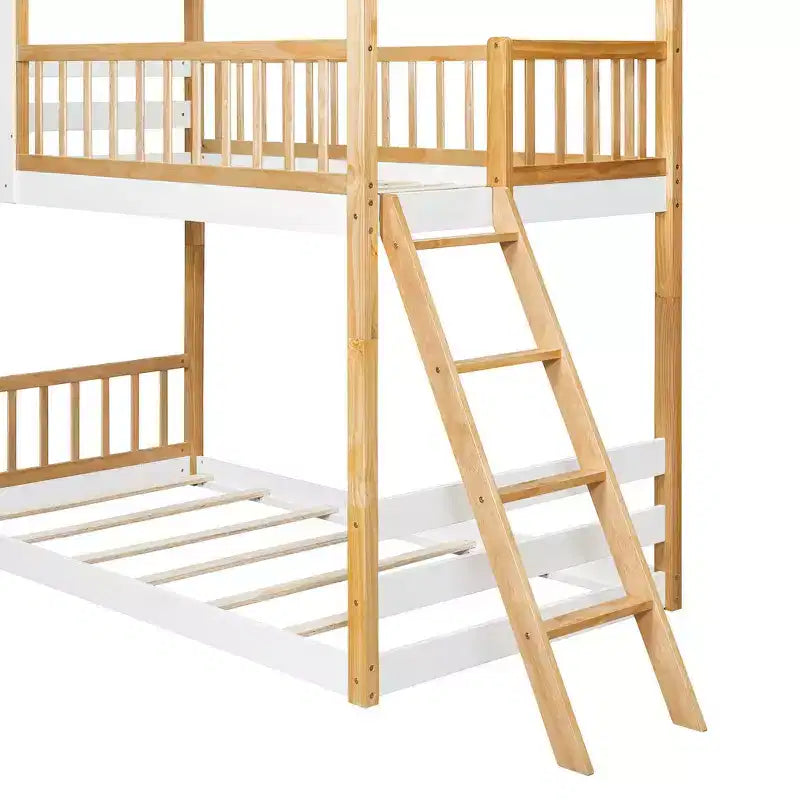 Letto a Castello Gemello su Gemello Whisen con Tetto, Design a Casetta, Scala Sicura e Ringhiere - Naturale