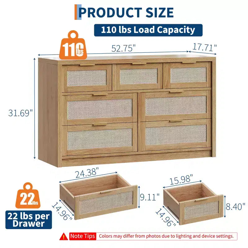 Cassettiera a 7 cassetti, Cassettiera in Rattan 52 L, Comò Moderno con Maniglie in Metallo, Mobile Contenitore in Legno, per Soggiorno, Corridoio, Porta TV
