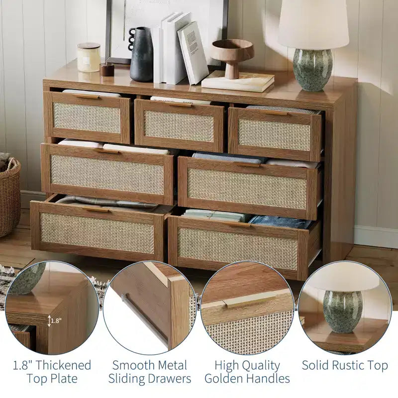 Cassettiera a 7 cassetti, Cassettiera in Rattan 52 L, Comò Moderno con Maniglie in Metallo, Mobile Contenitore in Legno, per Soggiorno, Corridoio, Porta TV