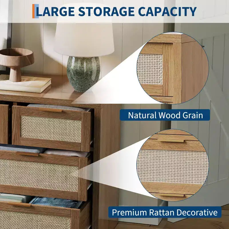 Cassettiera a 7 cassetti, Cassettiera in Rattan 52 L, Comò Moderno con Maniglie in Metallo, Mobile Contenitore in Legno, per Soggiorno, Corridoio, Porta TV