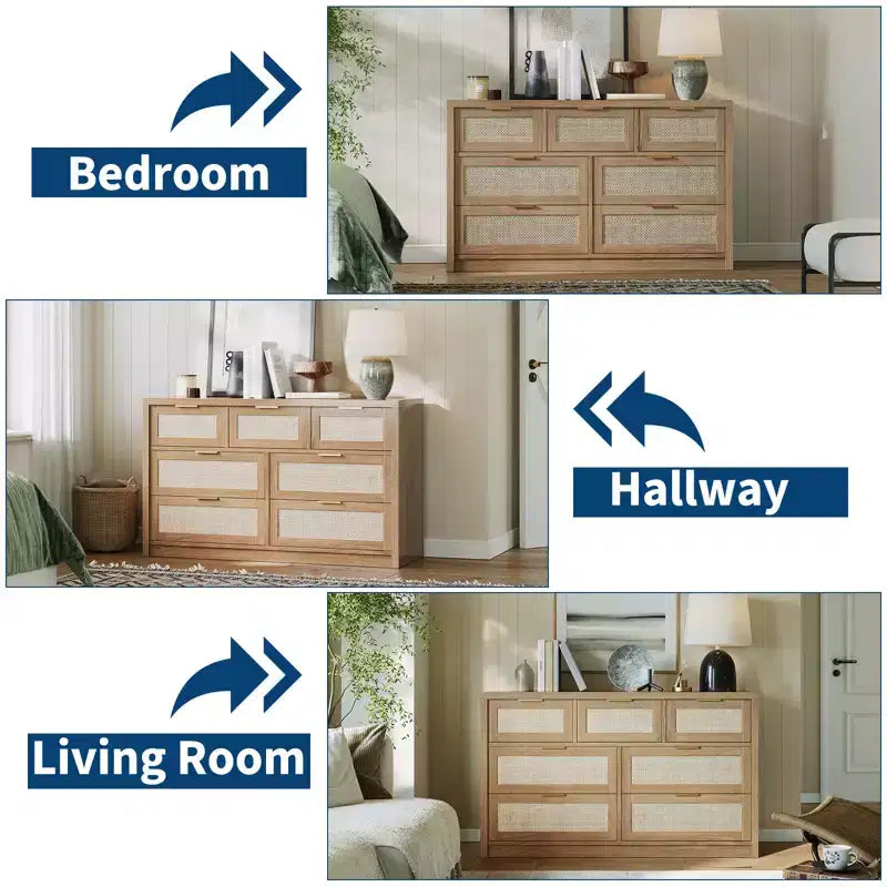 Cassettiera a 7 cassetti, Cassettiera in Rattan 52 L, Comò Moderno con Maniglie in Metallo, Mobile Contenitore in Legno, per Soggiorno, Corridoio, Porta TV