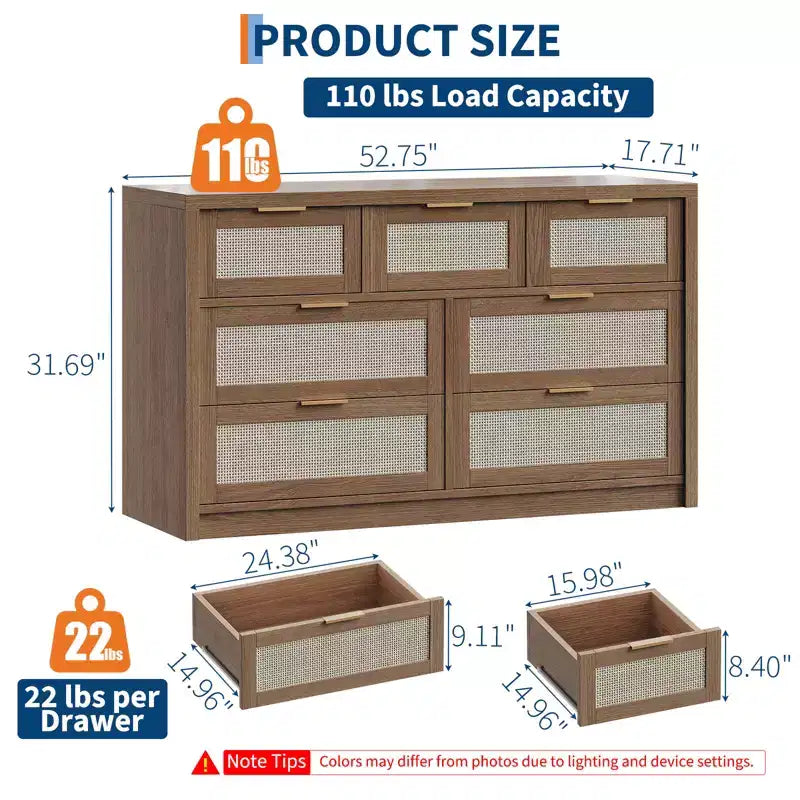 Cassettiera a 7 cassetti, Cassettiera in Rattan 52 L, Comò Moderno con Maniglie in Metallo, Mobile Contenitore in Legno, per Soggiorno, Corridoio, Porta TV