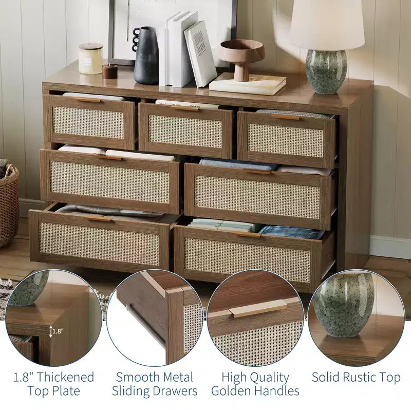 Cassettiera a 7 cassetti, Cassettiera in Rattan 52 L, Comò Moderno con Maniglie in Metallo, Mobile Contenitore in Legno, per Soggiorno, Corridoio, Porta TV