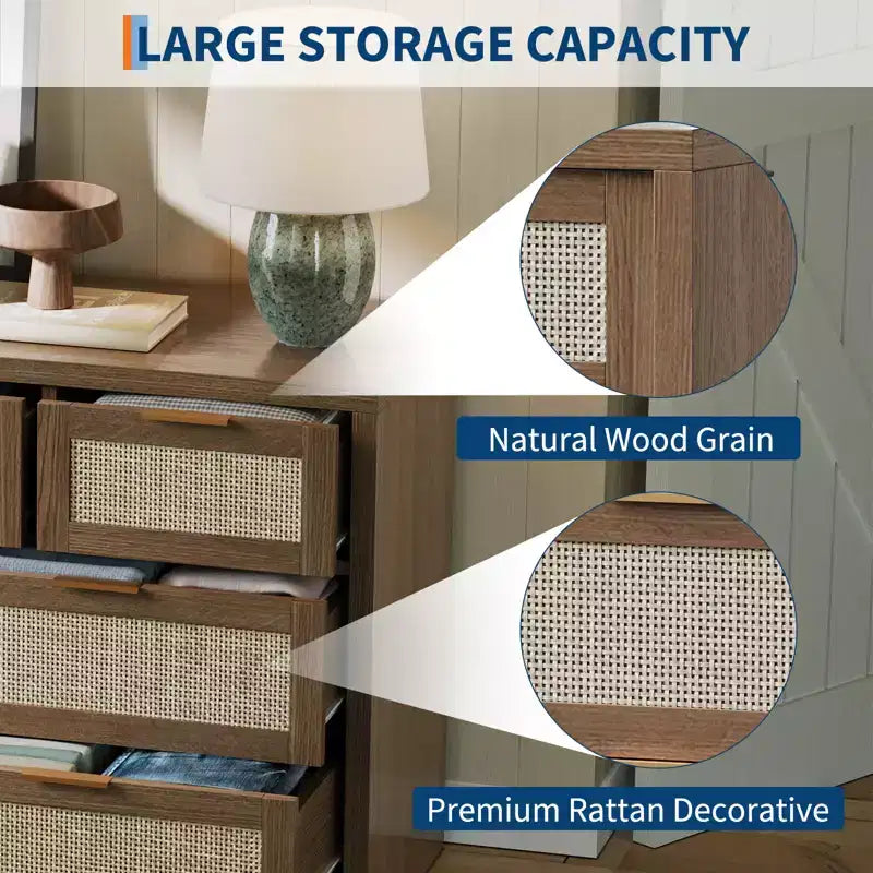 Cassettiera a 7 cassetti, Cassettiera in Rattan 52 L, Comò Moderno con Maniglie in Metallo, Mobile Contenitore in Legno, per Soggiorno, Corridoio, Porta TV