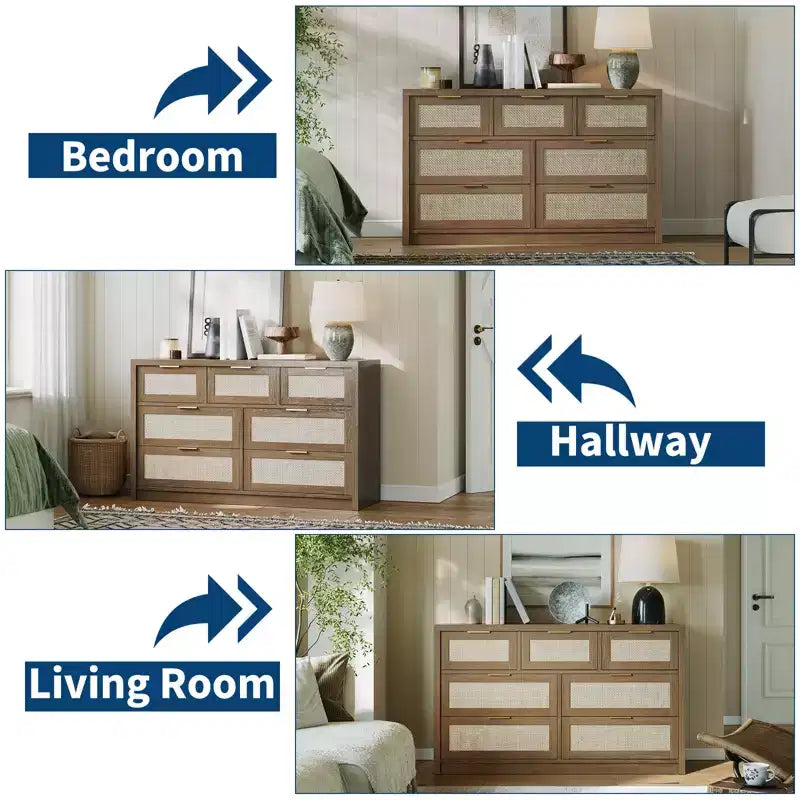 Cassettiera a 7 cassetti, Cassettiera in Rattan 52 L, Comò Moderno con Maniglie in Metallo, Mobile Contenitore in Legno, per Soggiorno, Corridoio, Porta TV