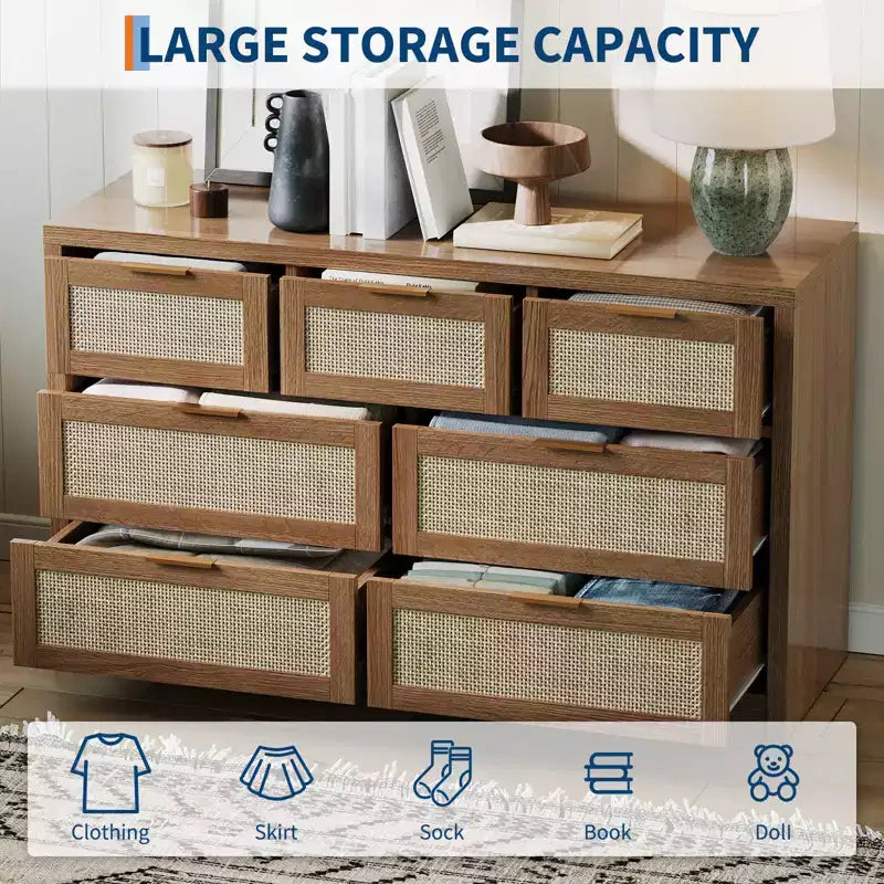 Cassettiera a 7 cassetti, Cassettiera in Rattan 52 L, Comò Moderno con Maniglie in Metallo, Mobile Contenitore in Legno, per Soggiorno, Corridoio, Porta TV