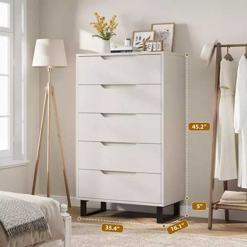 Cassettiere a 5 cassetti bianche per camera da letto: 50 cassettiere verticali in legno autoportanti alte con spazio contenitore per soggiorno, corridoio e ingresso