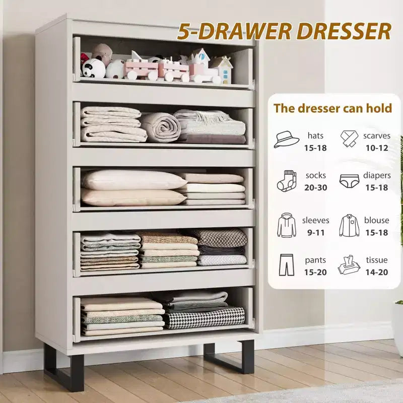 Cassettiere a 5 cassetti bianche per camera da letto: 50 cassettiere verticali in legno autoportanti alte con spazio contenitore per soggiorno, corridoio e ingresso