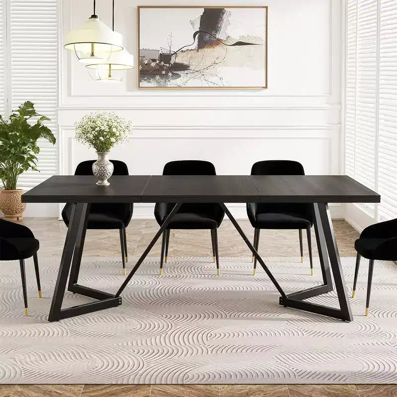 MAYEERTY Tavolo da Pranzo Moderno da 70,96 Pollici con Piano in MDF Effetto Legno Nero Marrone e Gambe in Ferro Metallico