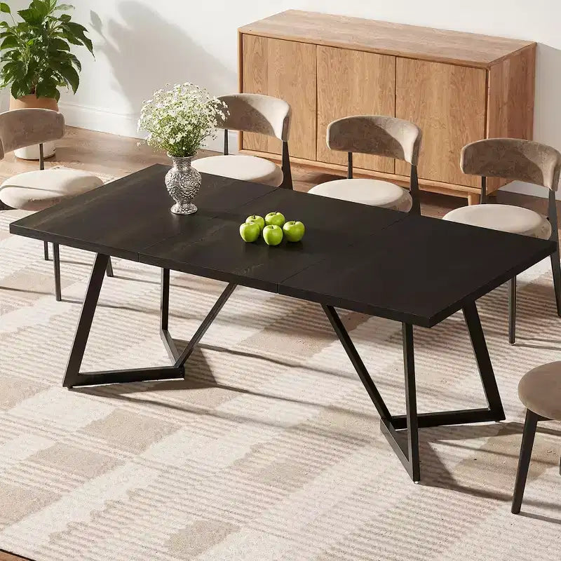 MAYEERTY Tavolo da Pranzo Moderno da 70,96 Pollici con Piano in MDF Effetto Legno Nero Marrone e Gambe in Ferro Metallico
