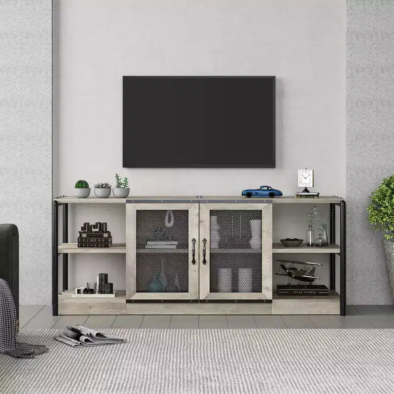 Mobile TV, mobiletto porta TV da masseria per TV da 65 pollici, armadio consolle multimediale, anta a rete e robusto telaio in metallo