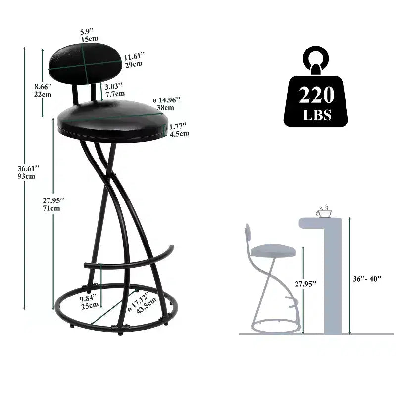 MAYEERTY Sgabelli da Bar Imbottiti Altezza Bancone, Set da 2 - Ecopelle, Poggiapiedi, Isola Cucina (Nero)