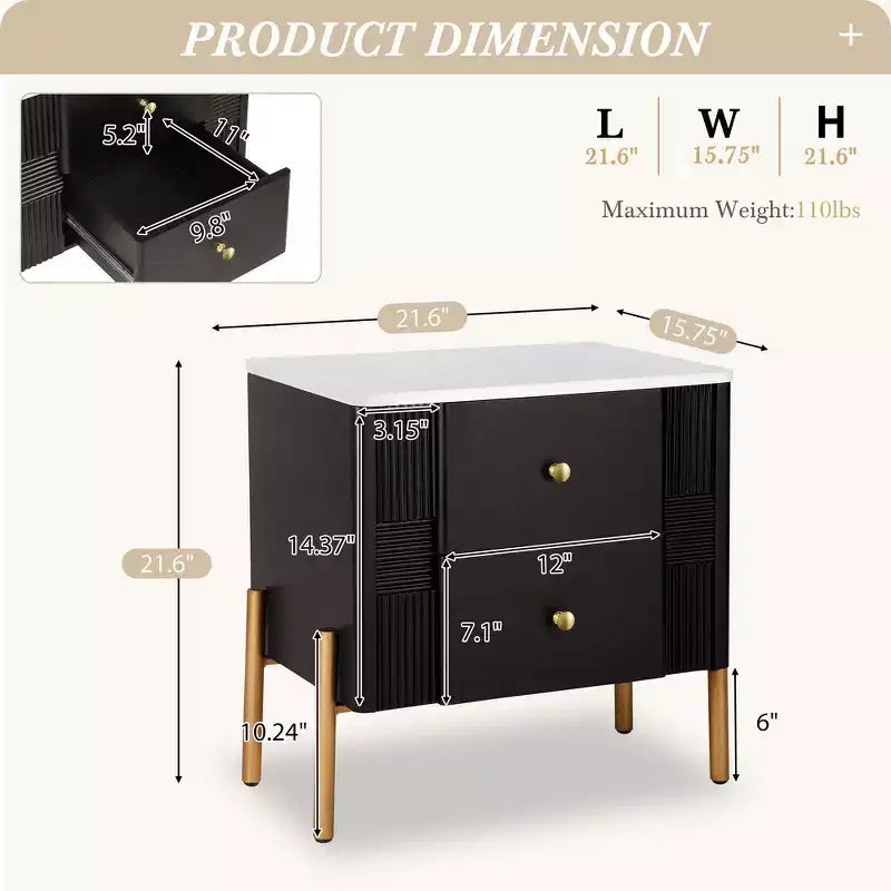 Comodino moderno minimalista Whisen con 2 cassetti, maniglie e gambe in metallo dorato, design con texture unica