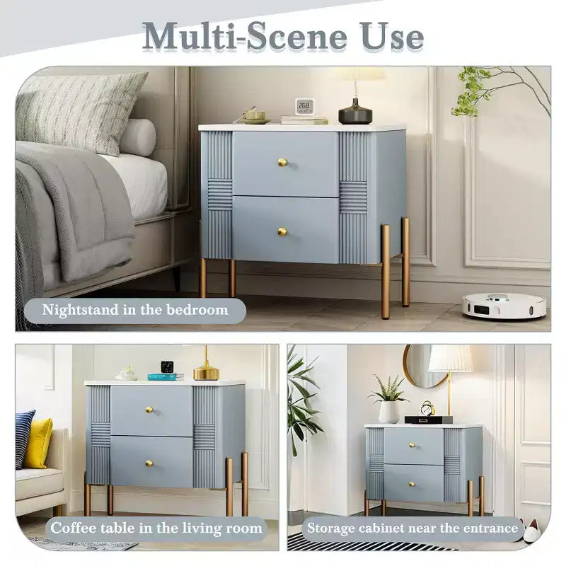 Comodino moderno minimalista Whisen con 2 cassetti, maniglie e gambe in metallo dorato, design con texture unica