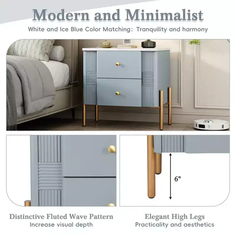 Comodino moderno minimalista Whisen con 2 cassetti, maniglie e gambe in metallo dorato, design con texture unica