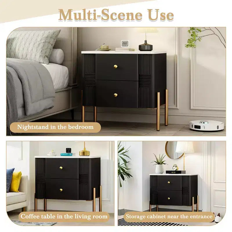 Comodino moderno minimalista Whisen con 2 cassetti, maniglie e gambe in metallo dorato, design con texture unica