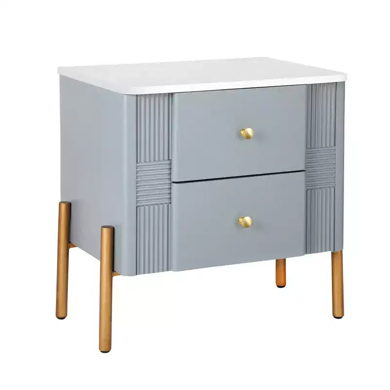 Comodino moderno minimalista Whisen con 2 cassetti, maniglie e gambe in metallo dorato, design con texture unica