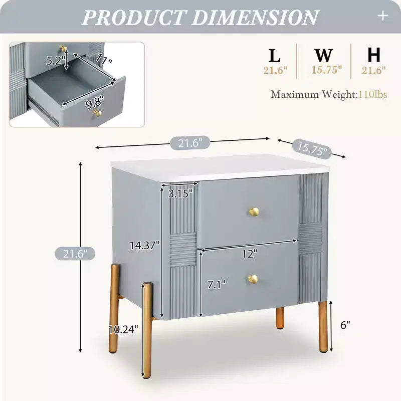 Comodino moderno minimalista Whisen con 2 cassetti, maniglie e gambe in metallo dorato, design con texture unica