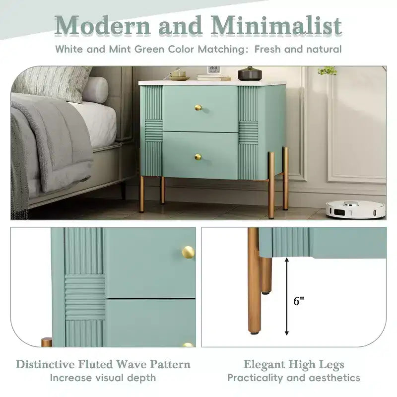 Comodino moderno minimalista Whisen con 2 cassetti, maniglie e gambe in metallo dorato, design con texture unica