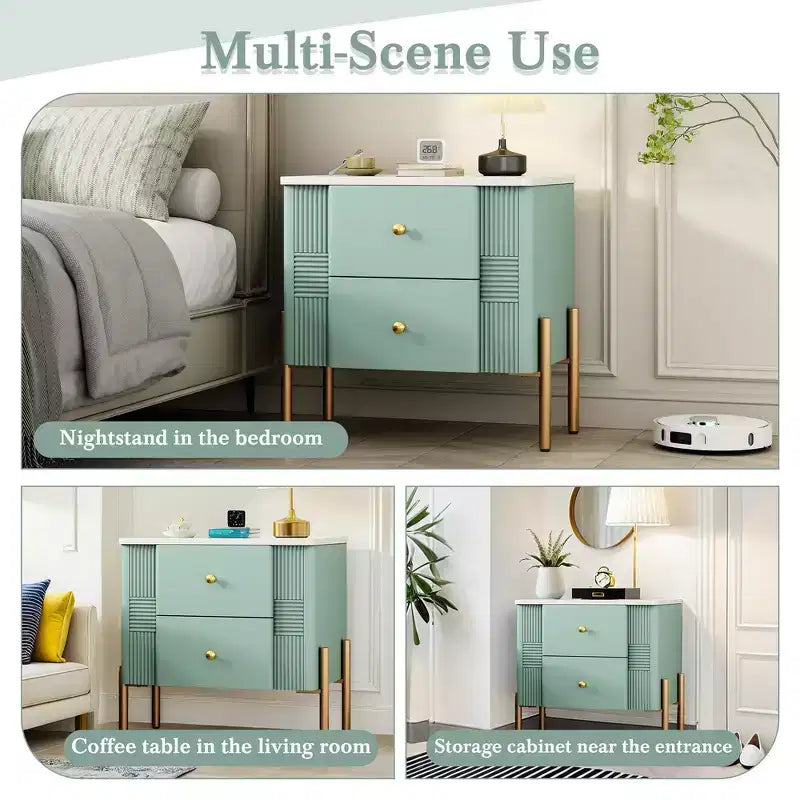 Comodino moderno minimalista Whisen con 2 cassetti, maniglie e gambe in metallo dorato, design con texture unica