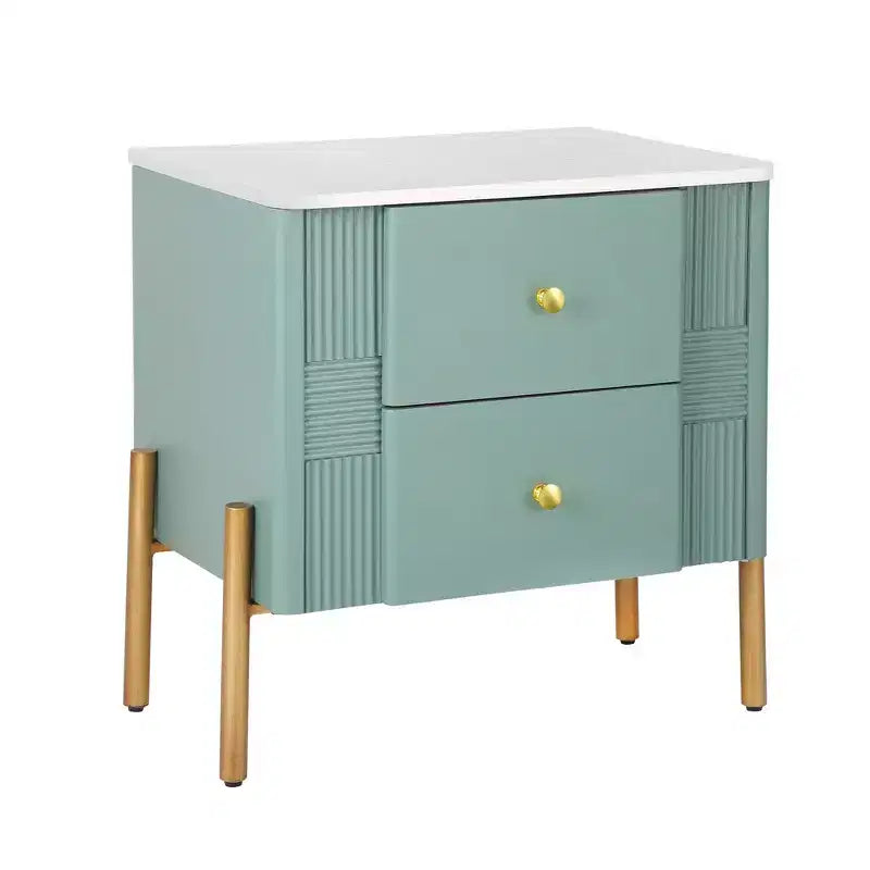 Comodino moderno minimalista Whisen con 2 cassetti, maniglie e gambe in metallo dorato, design con texture unica