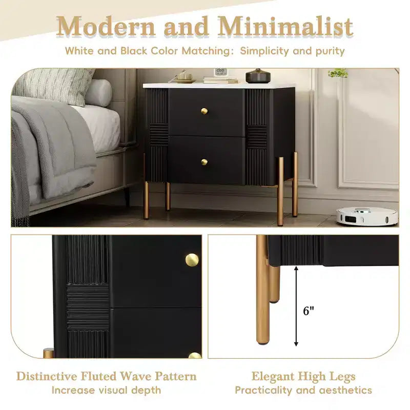 Comodino moderno minimalista Whisen con 2 cassetti, maniglie e gambe in metallo dorato, design con texture unica