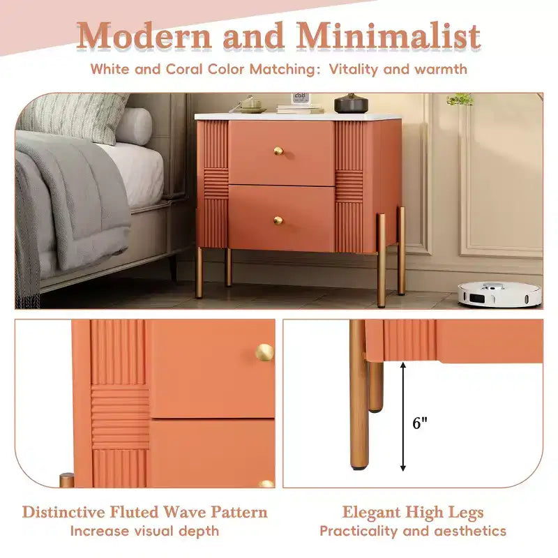 Comodino moderno minimalista Whisen con 2 cassetti, maniglie e gambe in metallo dorato, design con texture unica