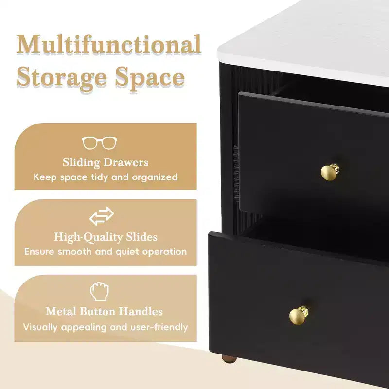 Comodino moderno minimalista Whisen con 2 cassetti, maniglie e gambe in metallo dorato, design con texture unica