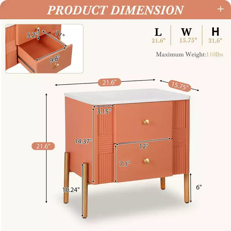 Comodino moderno minimalista Whisen con 2 cassetti, maniglie e gambe in metallo dorato, design con texture unica