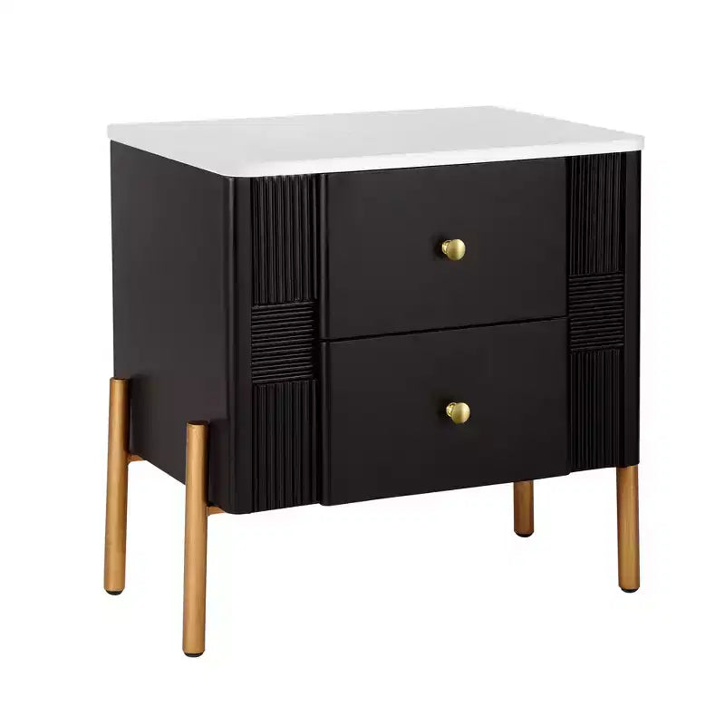 Comodino moderno minimalista Whisen con 2 cassetti, maniglie e gambe in metallo dorato, design con texture unica
