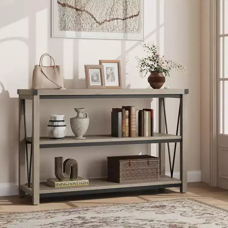 Tavolo da ingresso stile rustico da 47 pollici, consolle in legno a 3 livelli con ripiano, per soggiorno, tavolino da corridoio, grigio