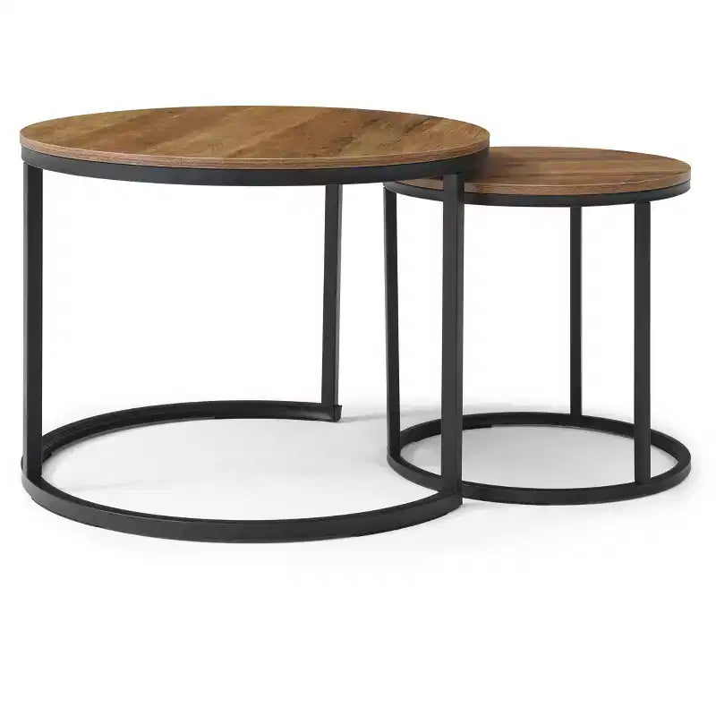 Nesting Table Set of 2, Round Nesting Coffee Table with Wood Tabletop & Metal Frame, Circle Coffee Tables for Home Office Living Room Bedroom