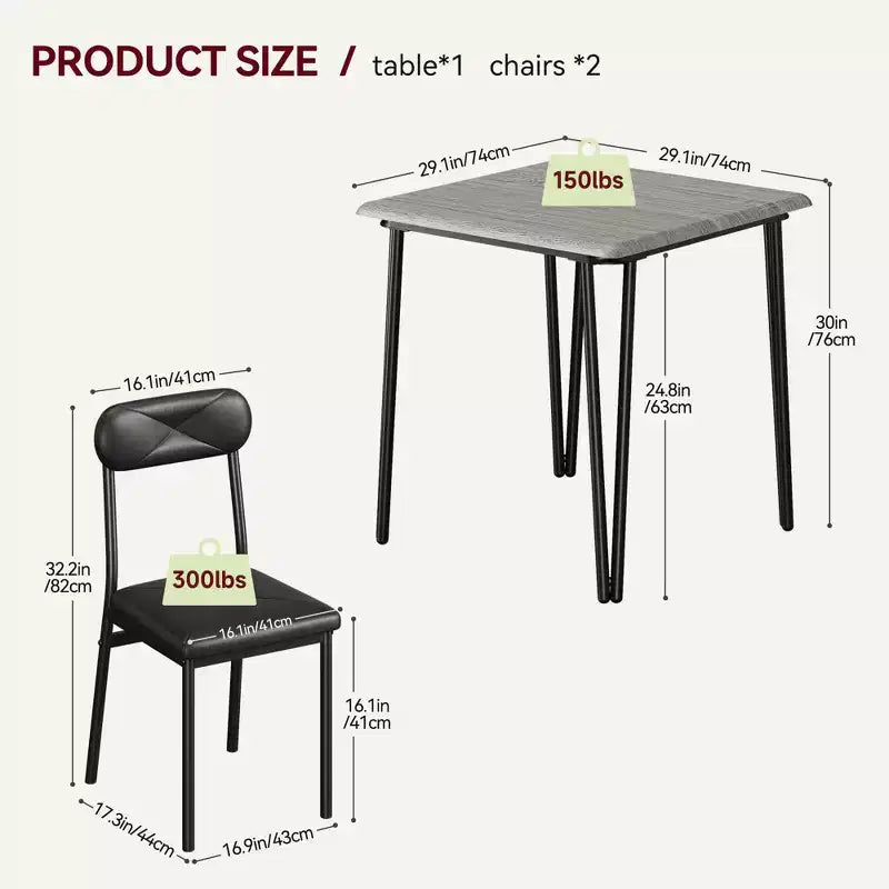 Set tavolo da pranzo Saluemeuble per 2 persone, set da pranzo da cucina di 3 pezzi, set tavolo da pranzo con 2 sedie imbottite per piccole stanze, cucine, appartamenti