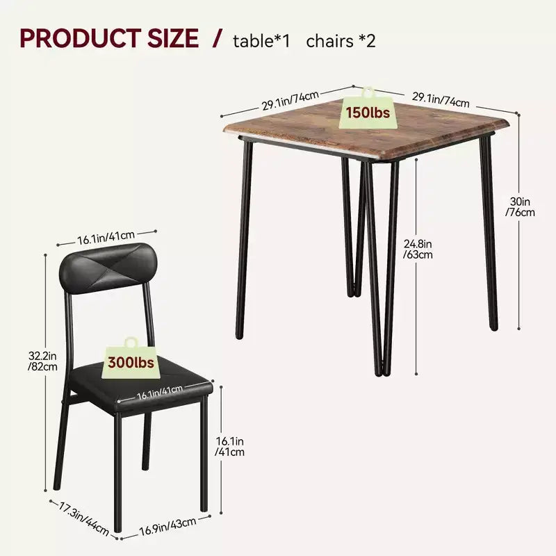 Set tavolo da pranzo Saluemeuble per 2 persone, set da pranzo da cucina di 3 pezzi, set tavolo da pranzo con 2 sedie imbottite per piccole stanze, cucine, appartamenti