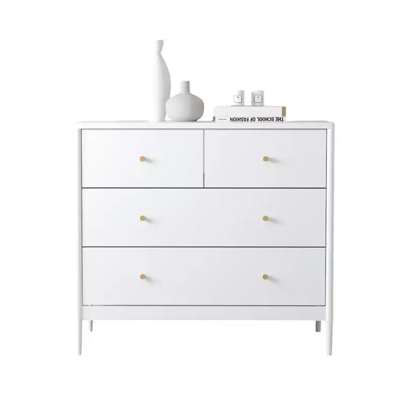 Armadio bianco a quattro cassetti per bambini, un mobile contenitore in legno adatto per camerette, asili nido e ripostigli.