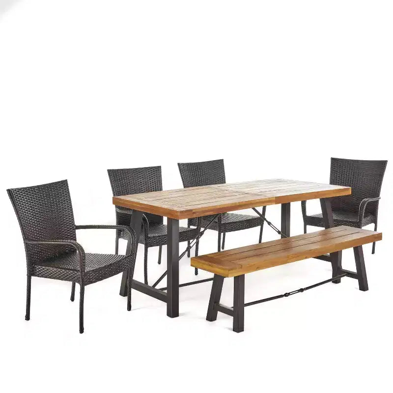GDFStudio Soltice Set da Pranzo da Esterno 6 Pezzi in Vimini e Legno di Acacia con Panca