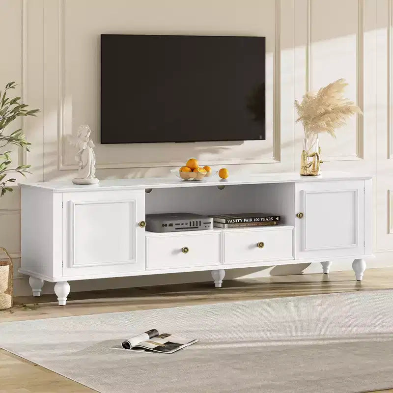 Mobile porta TV ModernLuxe per TV fino a 80", Consolle porta TV per centro di intrattenimento, Consolle multimediale, Mobile porta TV con 2 cassetti, Nero/Bianco