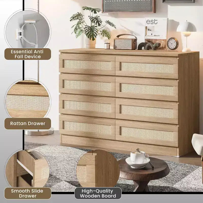CuisinSmart Cassettiera a 8 cassetti, cassettiera doppia moderna in rattan, comò in legno per camera da letto, cassettiera porta TV, mobile d'accento