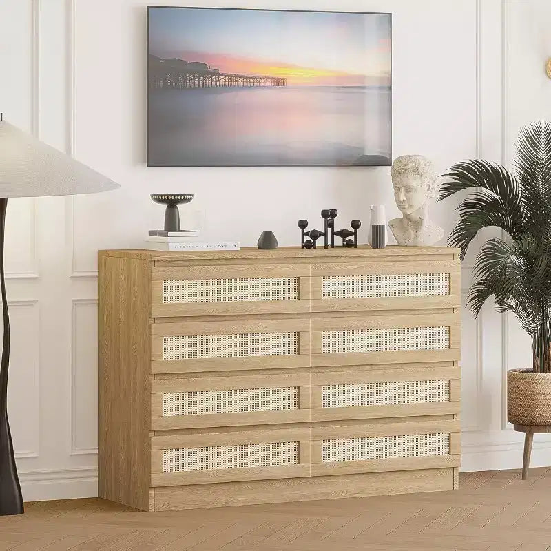 CuisinSmart Cassettiera a 8 cassetti, cassettiera doppia moderna in rattan, comò in legno per camera da letto, cassettiera porta TV, mobile d'accento