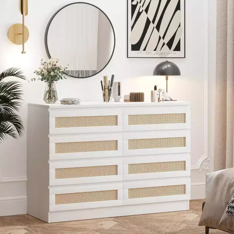 CuisinSmart Cassettiera a 8 cassetti, cassettiera doppia moderna in rattan, comò in legno per camera da letto, cassettiera porta TV, mobile d'accento