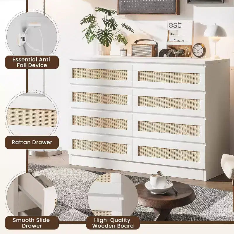 CuisinSmart Cassettiera a 8 cassetti, cassettiera doppia moderna in rattan, comò in legno per camera da letto, cassettiera porta TV, mobile d'accento