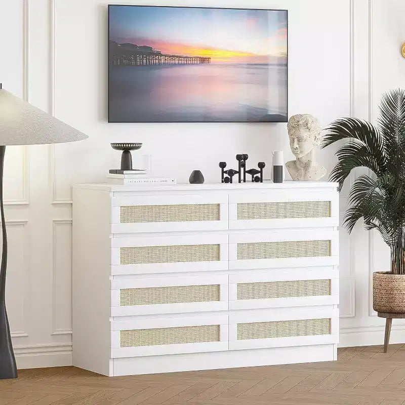 CuisinSmart Cassettiera a 8 cassetti, cassettiera doppia moderna in rattan, comò in legno per camera da letto, cassettiera porta TV, mobile d'accento