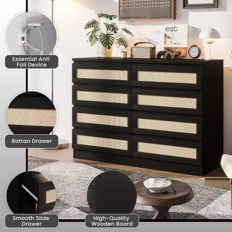 CuisinSmart Cassettiera a 8 cassetti, cassettiera doppia moderna in rattan, comò in legno per camera da letto, cassettiera porta TV, mobile d'accento