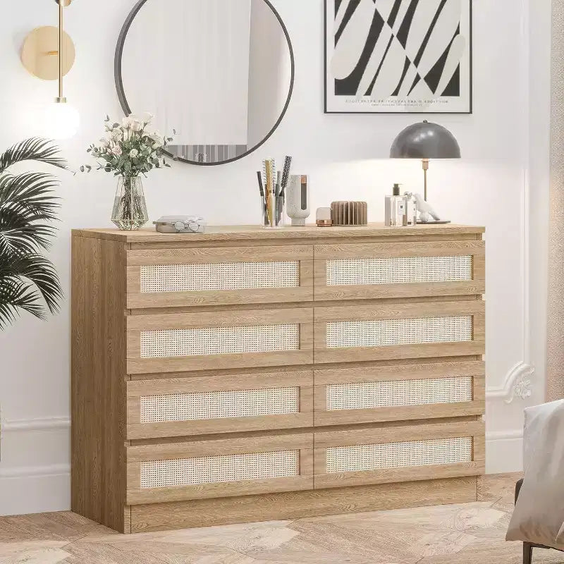CuisinSmart Cassettiera a 8 cassetti, cassettiera doppia moderna in rattan, comò in legno per camera da letto, cassettiera porta TV, mobile d'accento