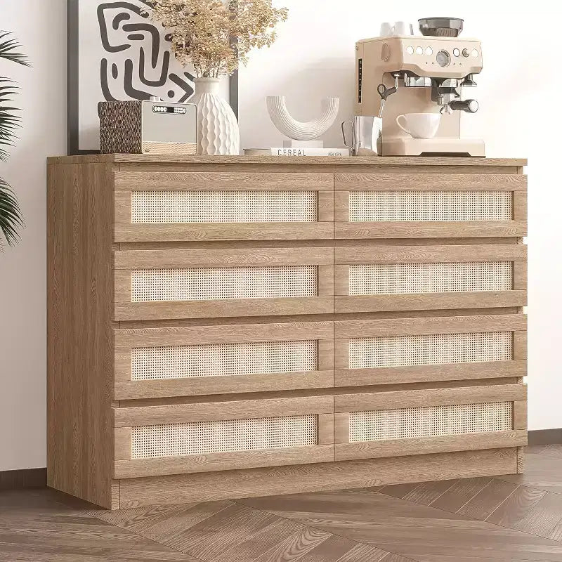 CuisinSmart Cassettiera a 8 cassetti, cassettiera doppia moderna in rattan, comò in legno per camera da letto, cassettiera porta TV, mobile d'accento