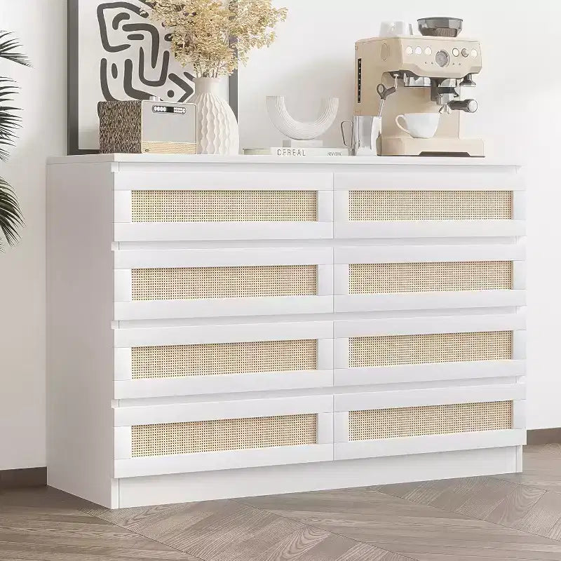 CuisinSmart Cassettiera a 8 cassetti, cassettiera doppia moderna in rattan, comò in legno per camera da letto, cassettiera porta TV, mobile d'accento